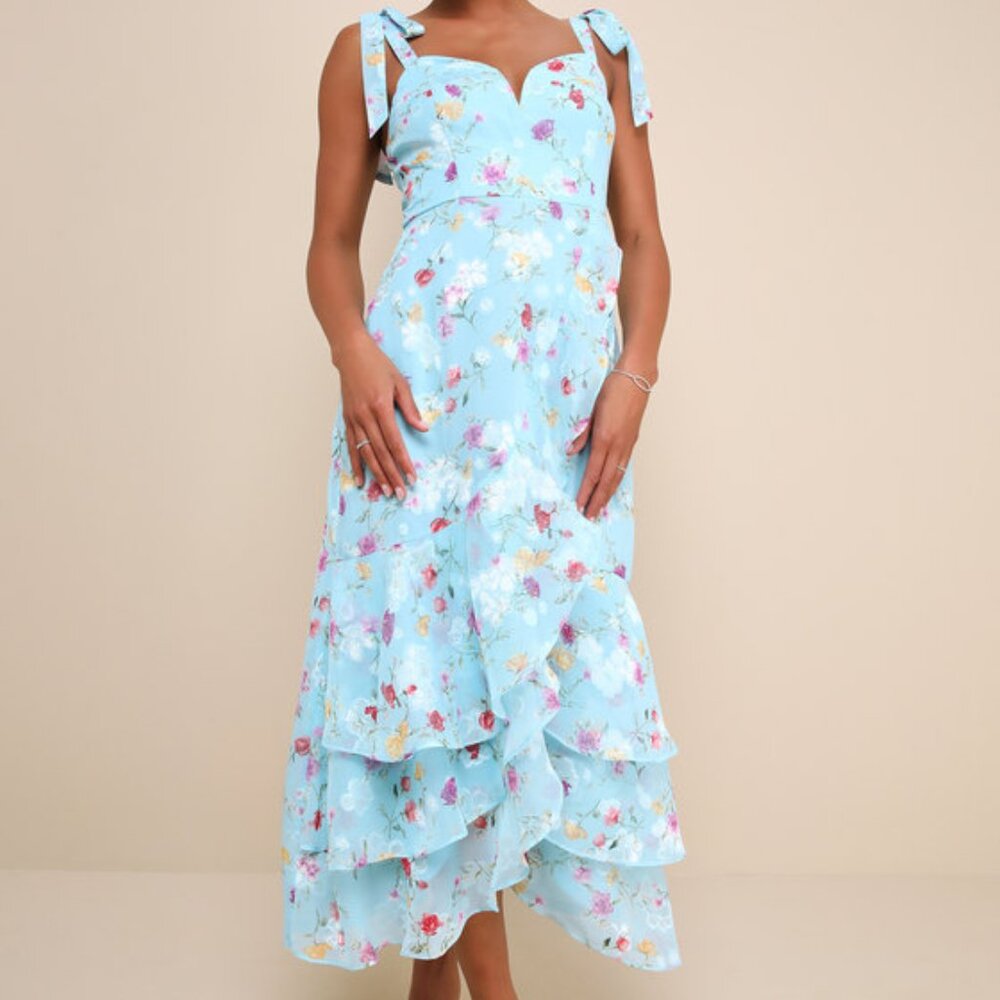 Lulus So Elevated Blue Floral Jacquard Tie-strap High-low Midi Dress - Size M